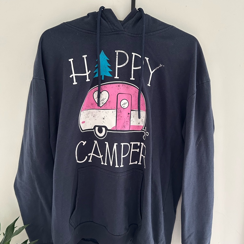 Happy Camper Trailer camping Hoodie  size M grey